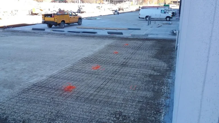 Reinforcing steel mat laid out on prepared subgrade for a commercial concrete pad
